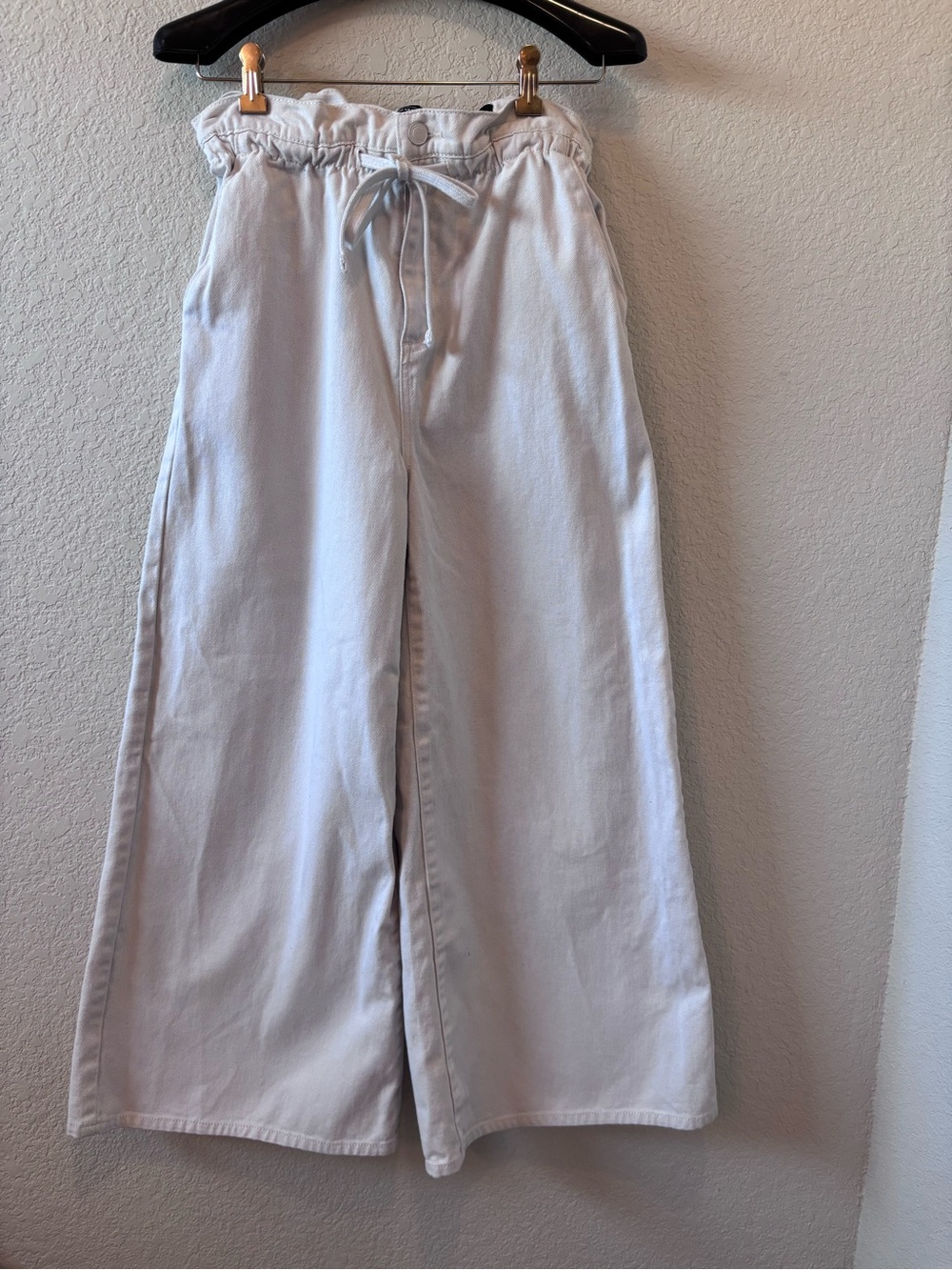 Scoop Womens Wide-Leg paperbag waist Drawstring Cream Denim Pants Small 4-6